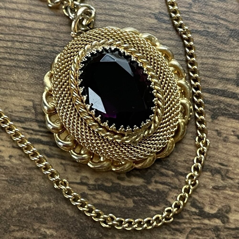 Vintage 70s Victorian Revival Necklace 24" Triple Strand Gold Tone Purple Glass - Picture 7 of 12